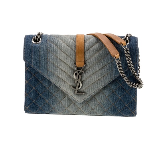 SAINT LAURENT Chevron Denim Monogram Medium Envelope Bag - Picture 1 of 5